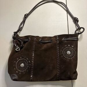 Vintage BRIGHTON  MONTREAL Montana Suede SUNBURST SHOULDER BAG Brown hobo